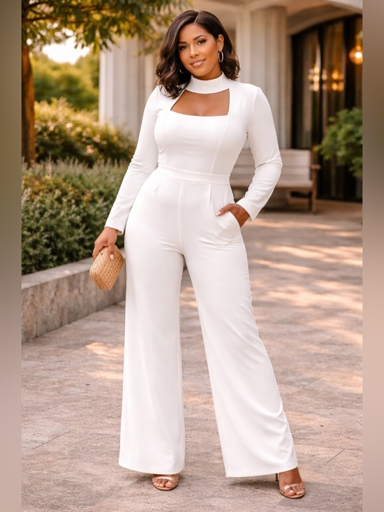 SHEIN Pants - Pantsuit, white, square neckline with a high choker style collar. L, SHEIN, EUC